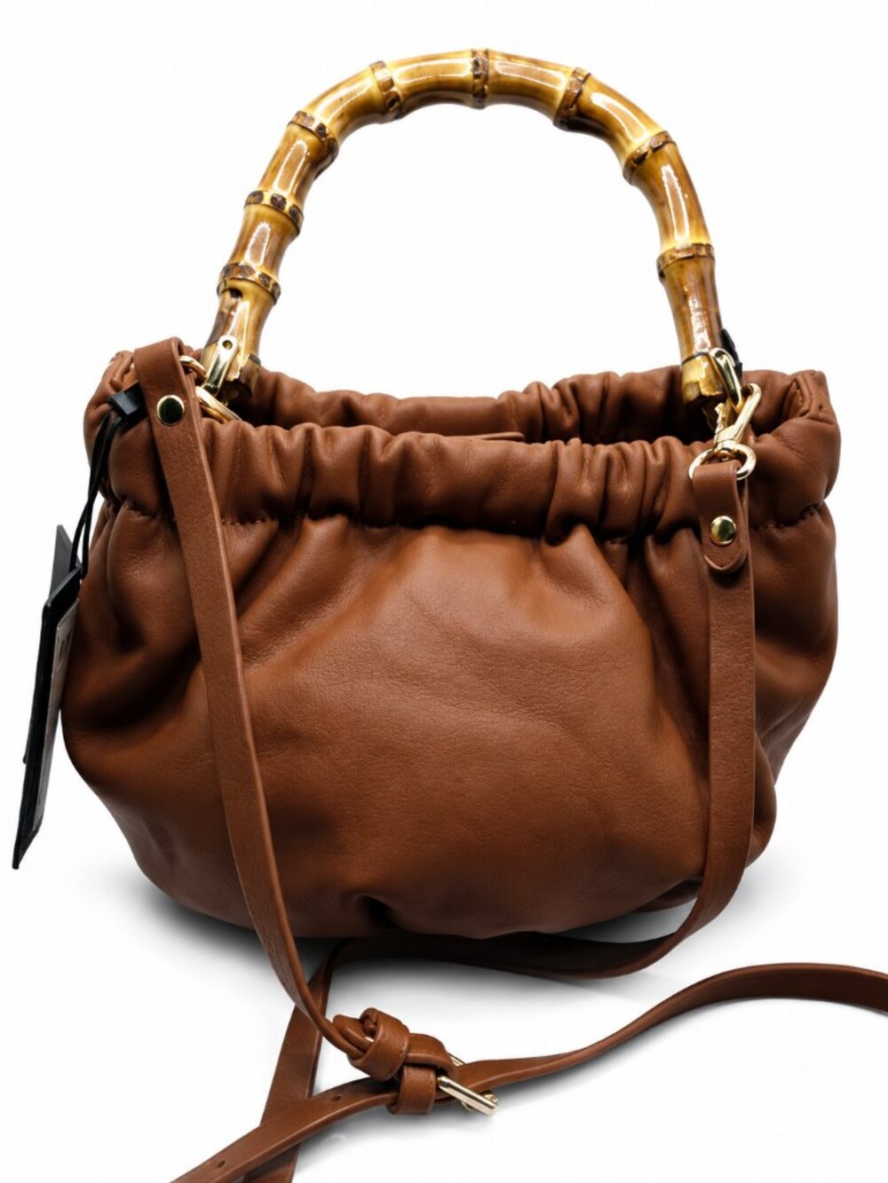 Pieces Bamboo Handle Ruched Crossbody Bag Cognac Brown NWT